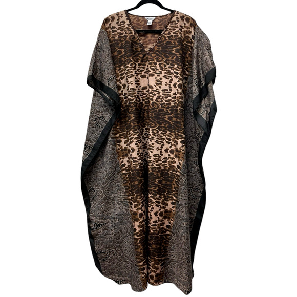 VTG Winlar Kaftan Maxi Muumuu Dress Animal Print Satin Mrs Roper Mob Wife OSFM - Picture 4 of 7